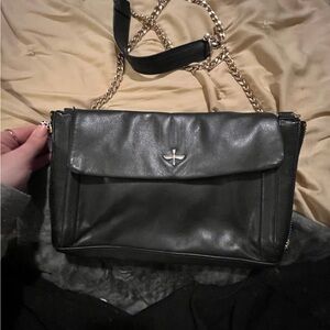 Pour La Victoire Black Leather Crossbody with Gold Chain